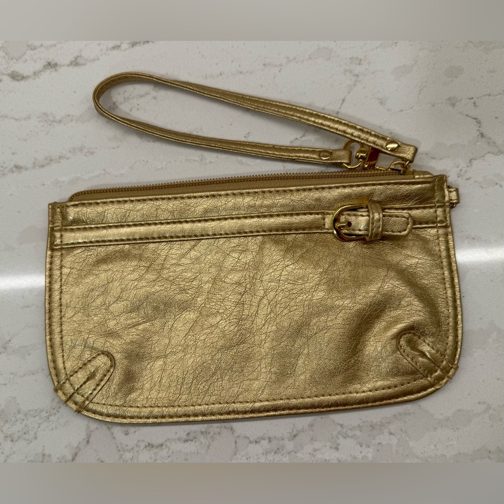 Neiman Marcus Gold Leather Wristlet Clutch | Soft Metallic Small Pouch